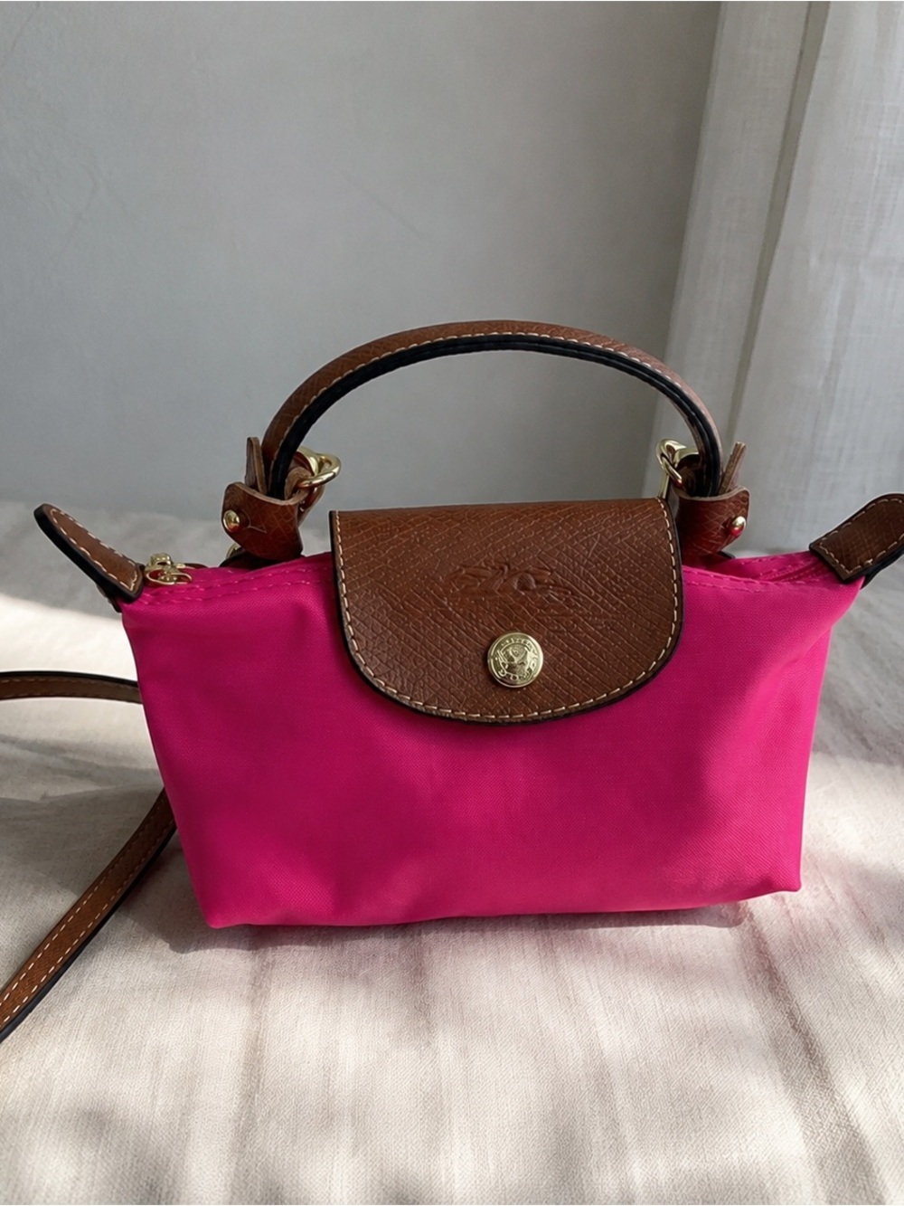 Longchamp Mini Crossbody in Fuchsia with Brown Leather Trim - Picture 1 of 4